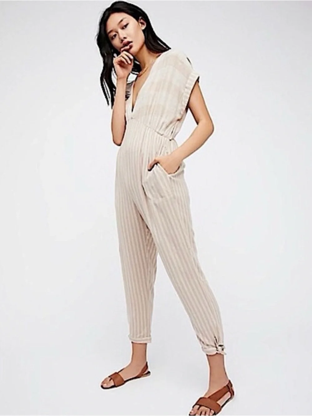 **NWT** Free People Neutral Striped V-Neck Jumpsuit Sz S pockets rolled Sleeve